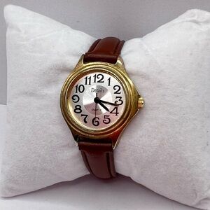 Details Quartz Watch | Gold Tone Case & Brown Strap | Needs Battery